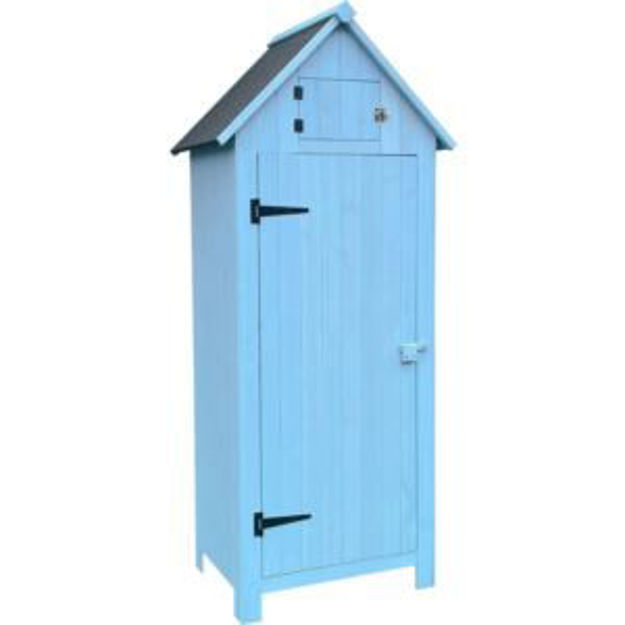 Picture of Outdoor Wooden Storage Shed with Pitched Roof, 3 Shelves and Locking Latch in Blue 2.5 Ft. W x 1.7 F