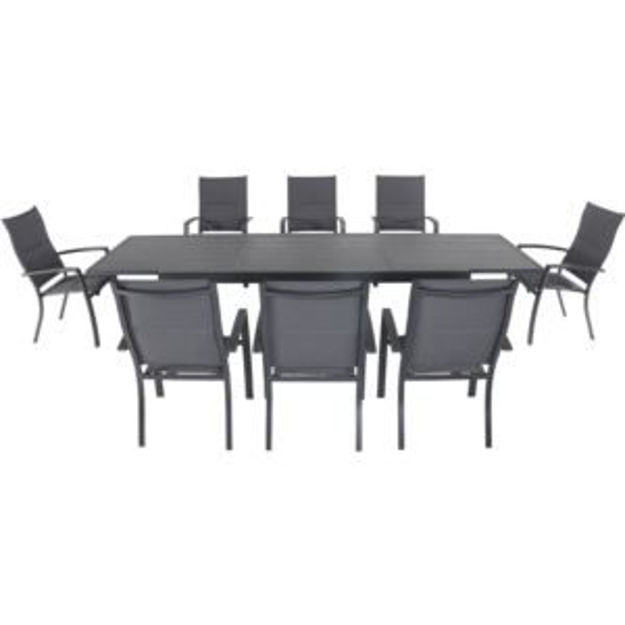 Picture of Naples 9-Piece Outdoor Dining Set with 8 Padded Sling Chairs in Gray and a 40" x 118" Expandable Din