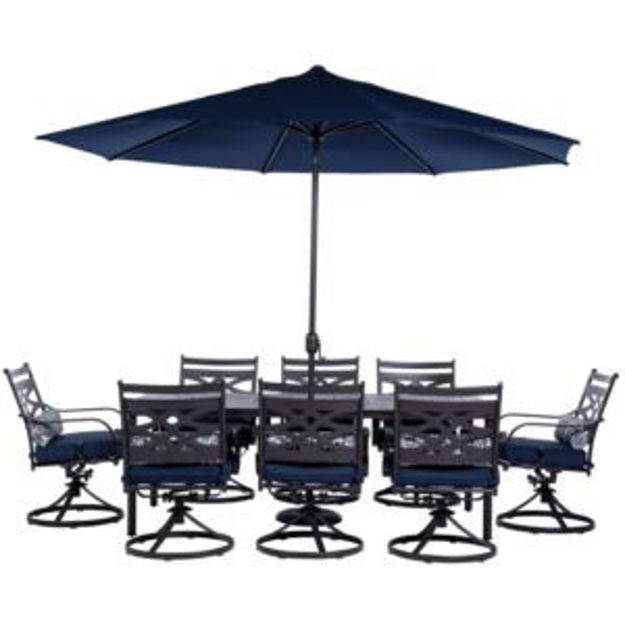 Picture of Montclair 9-Piece Dining Set in Navy Blue with 8 Swivel Rockers, 42-In. x 84-In. Table, 11 Ft. Umbre