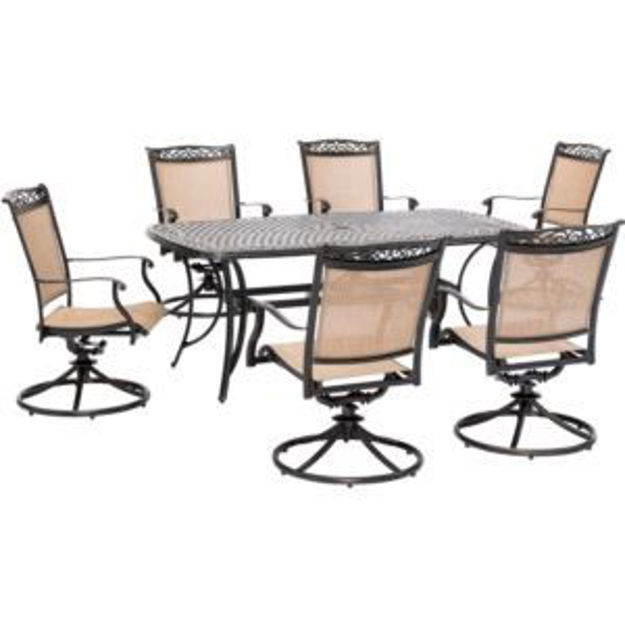 Picture of Fontana 7-Piece Outdoor Dining Set with 6 Sling Swivel Rockers and a 38-In. x 72-In. Cast-Top Table