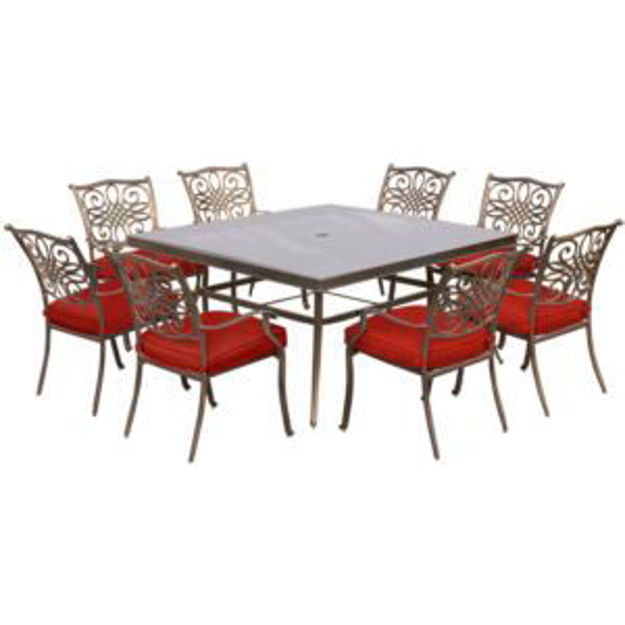 Picture of Traditions 9-Piece Dining Set in Red with 60 In. Square Glass-Top Dining Table