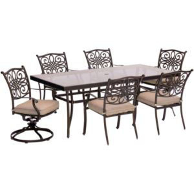 Picture of Traditions 7-Piece Dining Set in Tan with Extra Large Glass-Top Dining Table