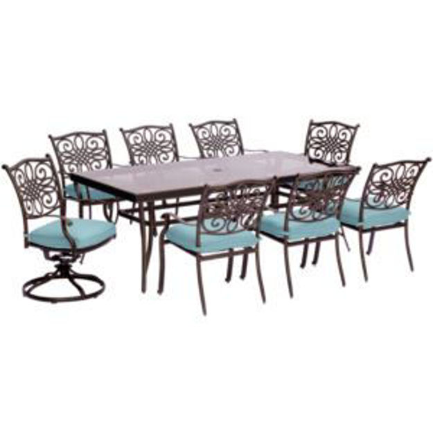 Picture of Traditions 9-Piece Dining Set in Blue with Extra Large Glass-Top Dining Table