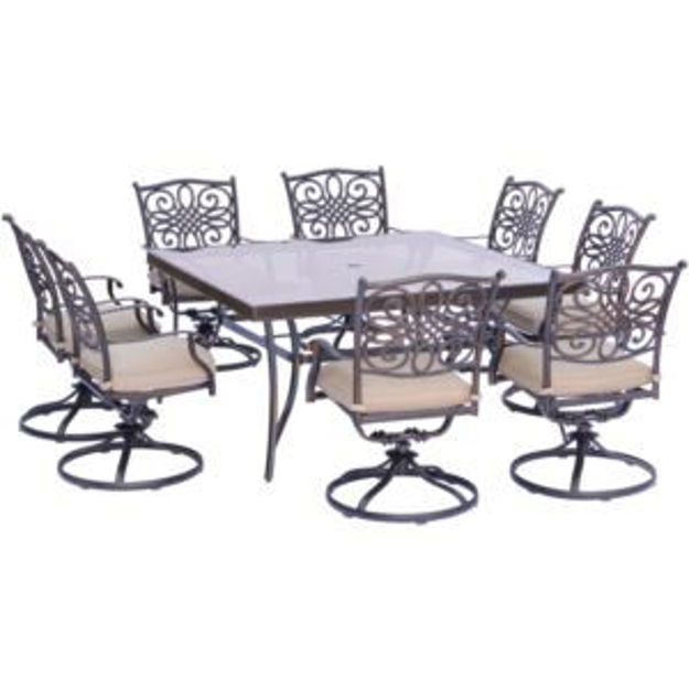 Picture of Traditions 9-Piece Dining Set in Tan with a 60 In. Square Glass-Top Dining Table