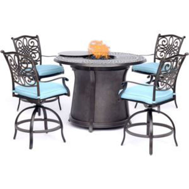 Picture of Traditions 5-Piece High-Dining Set in Blue with 4 Swivel Chairs and a 40,000 BTU Cast-top Fire Pit T