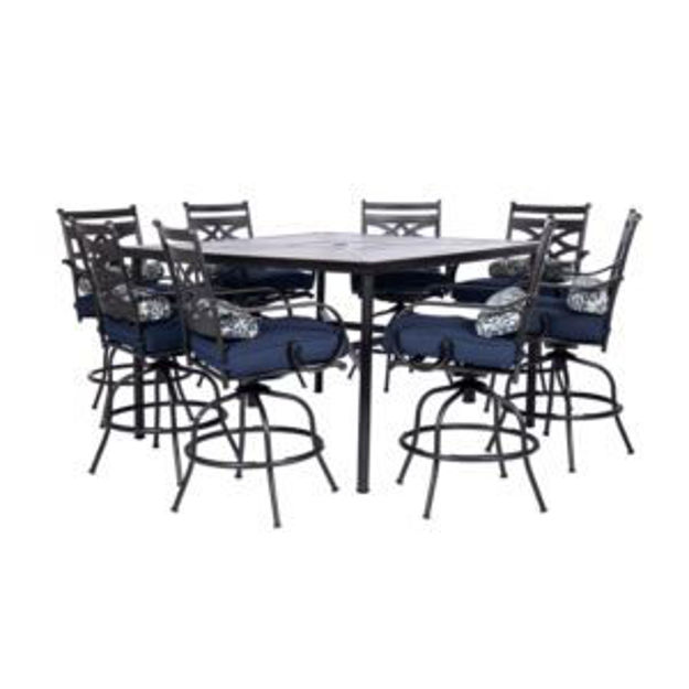 Picture of Montclair 9-Piece High-Dining Set in Navy Blue with 8 Counter-Height Swivel Chairs and 60-Inch Squar