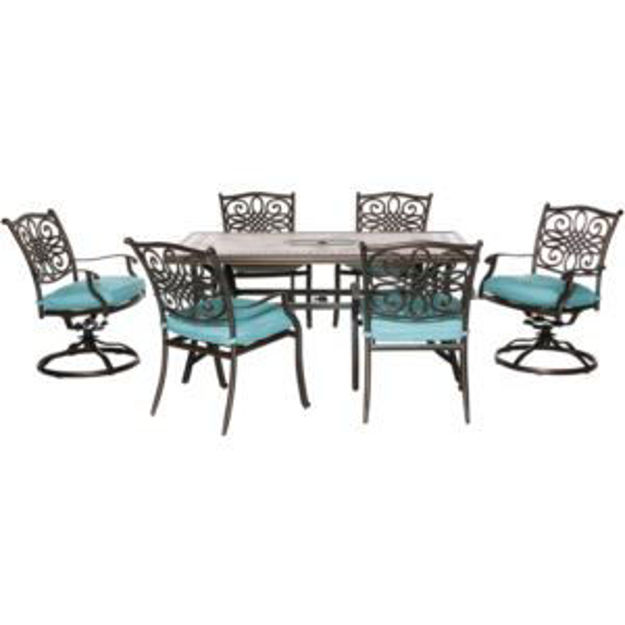 Picture of Monaco 7-Piece Patio Dining Set in Blue with 4 Dining Chairs, 2 Swivel Rockers, and a 40" x 68" Tile