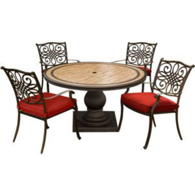 Picture of Monaco 5-Piece Patio Dining Set in Red with 4 Cushioned Dining Chairs and a 51-In. Tile-Top Table