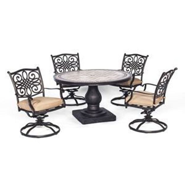 Picture of Monaco 5-Piece Patio Dining Set in Tan with Four Swivel Rockers and a 51 In. Tile-Top Table