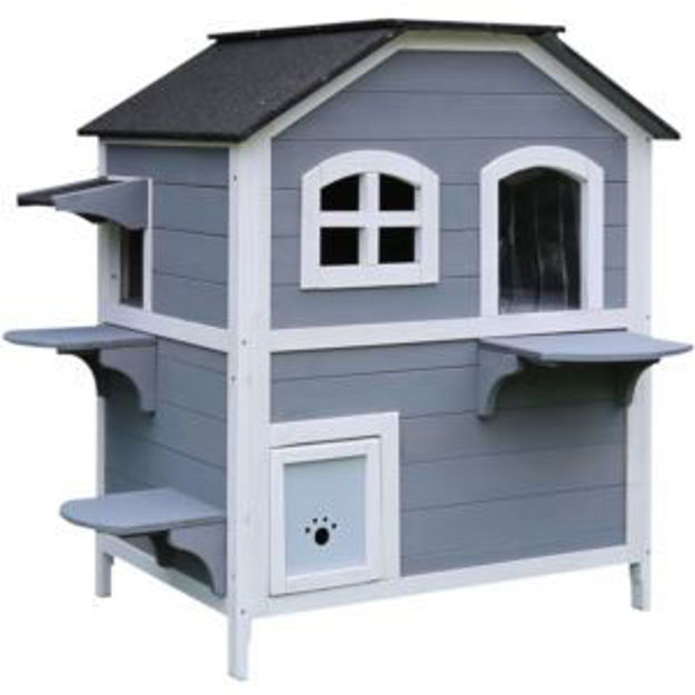 Picture of Outdoor Cat House with 2 Levels, Waterproof Roof, Escape Doors, and Ledge Seating