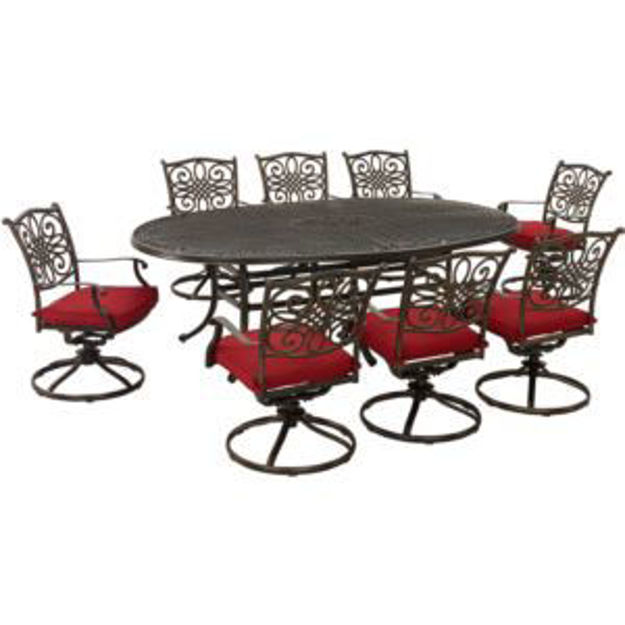 Picture of Traditions 9-Piece Dining Set in Red with 8 Swivel Rockers and 95-in. x 60-in. Oval Cast-Top Dining