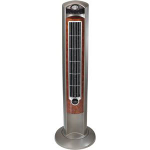 Picture of Wind Curve Tower Fan with Nighttime Setting, Gray/Woodgrain