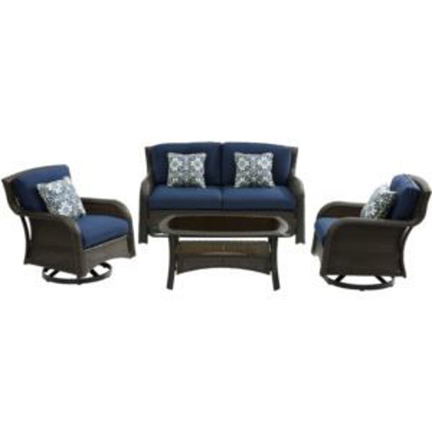 Picture of Strathmere 4-Piece Lounge Set with Loveseat, 2 Swivel Gliders, and Woven Coffee Table, Navy Blue