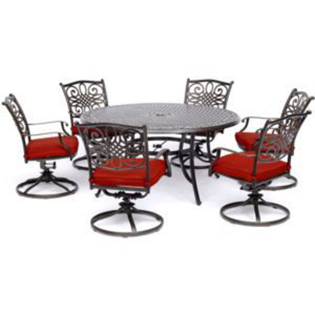 Picture of Traditions 7-Piece Dining Set in Red with a 60 In. Round Cast-top Table and Six Swivel Rockers