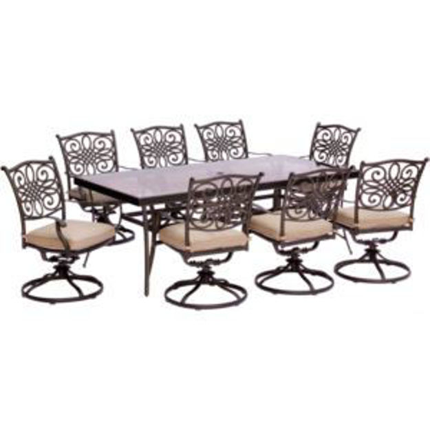 Picture of Traditions 9-Piece Dining Set in Tan with Extra Large Glass-Top Dining Table