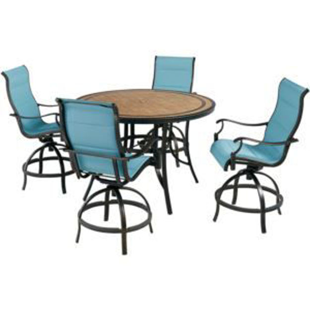 Picture of Monaco 5-Piece High-Dining Set in Blue with 4 Padded Counter-Height Swivel Chairs and a 56-In. Tile-