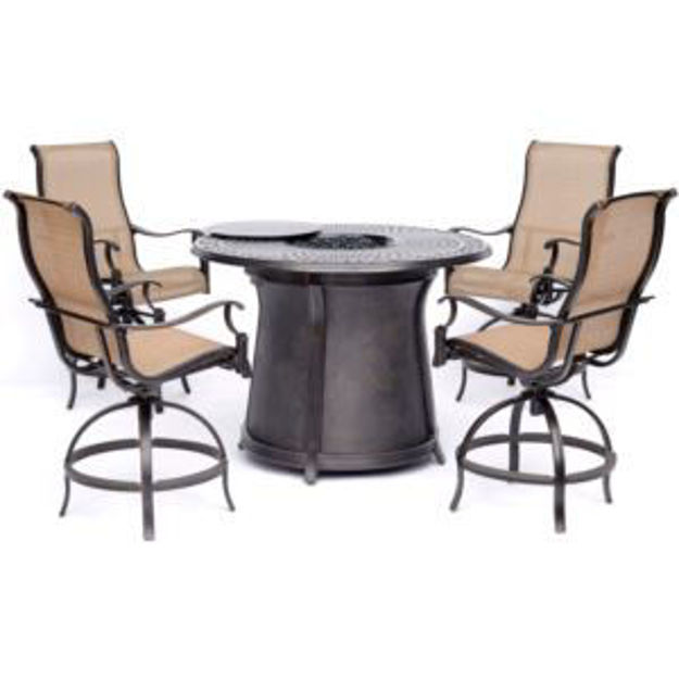 Picture of Manor 5-Piece High-Dining Set in Tan with 4 Swivel Chairs and a 40,000 BTU Cast-top Fire Pit Table