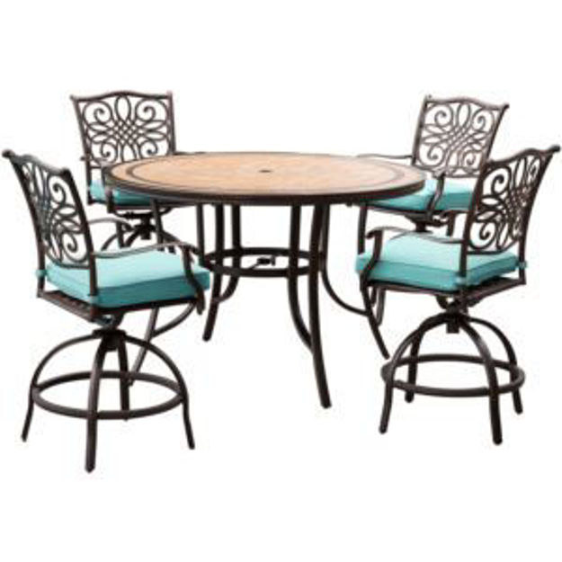 Picture of Monaco 5-Piece High-Dining Set in Blue with 4 Swivel Chairs and a 56 In. Tile-top Table