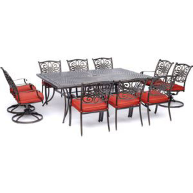 Picture of Traditions 11-Piece Dining Set in Red with Four Swivel Rockers, Six Dining Chairs, and an Extra-Long