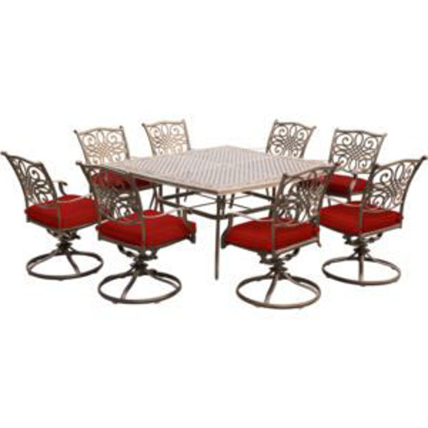 Picture of Traditions 9-Piece Dining Set in Red with Eight Swivel Rockers and a Large 60 In. Cast-top Square Ta