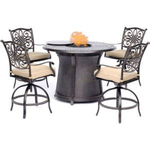 Picture of Traditions 5-Piece High-Dining Set in Tan with 4 Swivel Chairs and a 40,000 BTU Cast-top Fire Pit Ta