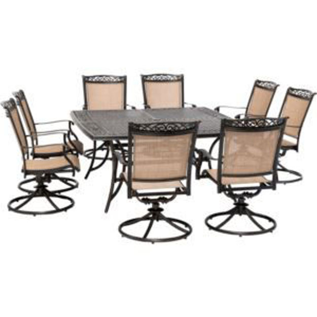 Picture of Fontana 9-Piece Outdoor Dining Set with 8 Sling Swivel Rockers and a 60-In. Square Cast-Top Table