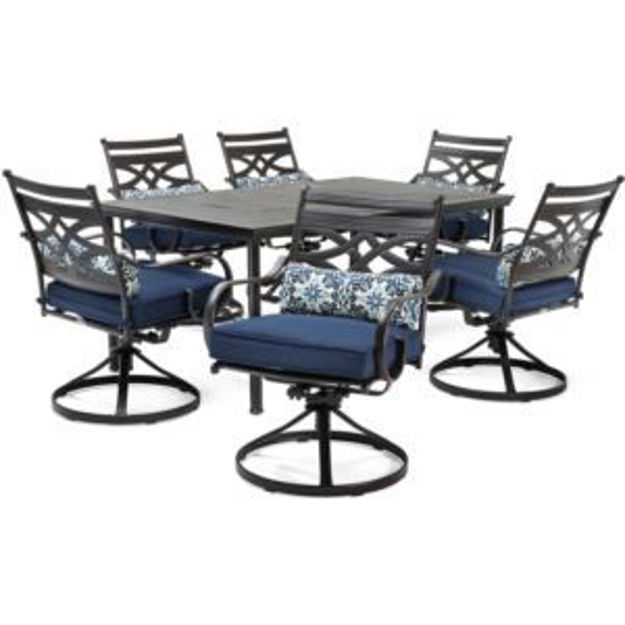 Picture of Montclair 7-Piece Dining Set in Navy Blue with 6 Swivel Rockers and a 40" x 67" Dining Table