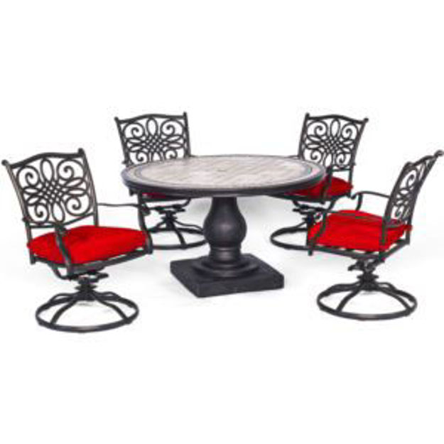 Picture of Monaco 5-Piece Dining Set in Red with Four Swivel Rockers and a 51 In. Tile-Top Table