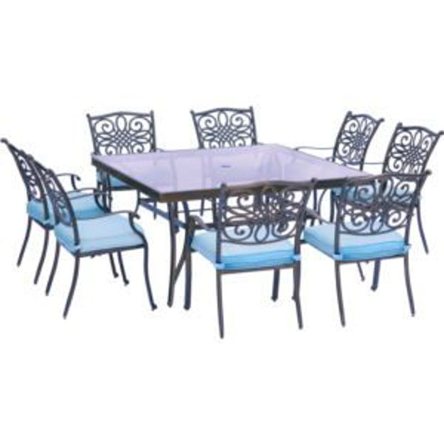 Picture of Traditions 9-Piece Dining Set in Blue with 60 In. Square Glass-Top Dining Table