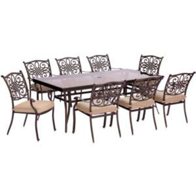 Picture of Traditions 9-Piece Dining Set in Tan with Extra-Long Glass-Top Dining Table