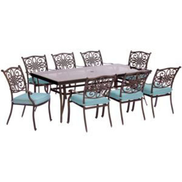 Picture of Traditions 9-Piece Dining Set in Blue with Extra-Long 84 x 41 In. Glass-Top Dining Table