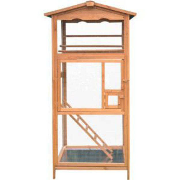 Picture of Outdoor Wooden Bird Cage with 3 Resting Bars, Ladder, Waterproof Roof and Removable Tray, 2.9 Ft. x