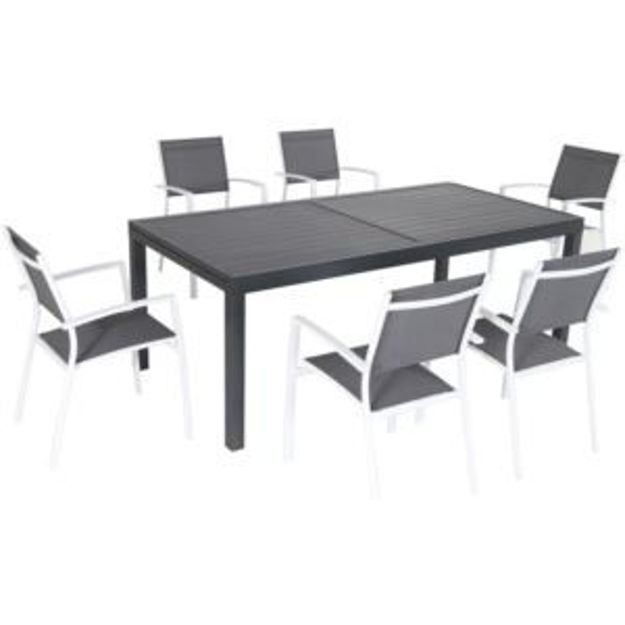 Picture of Naples 7-Piece Outdoor Dining Set with 6 Sling Chairs in Gray/White and Expandable Dining Table