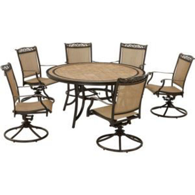 Picture of Fontana 7-Piece Outdoor Dining Set with 6 Sling Swivel Rockers and a 60-in. Tile-Top Table