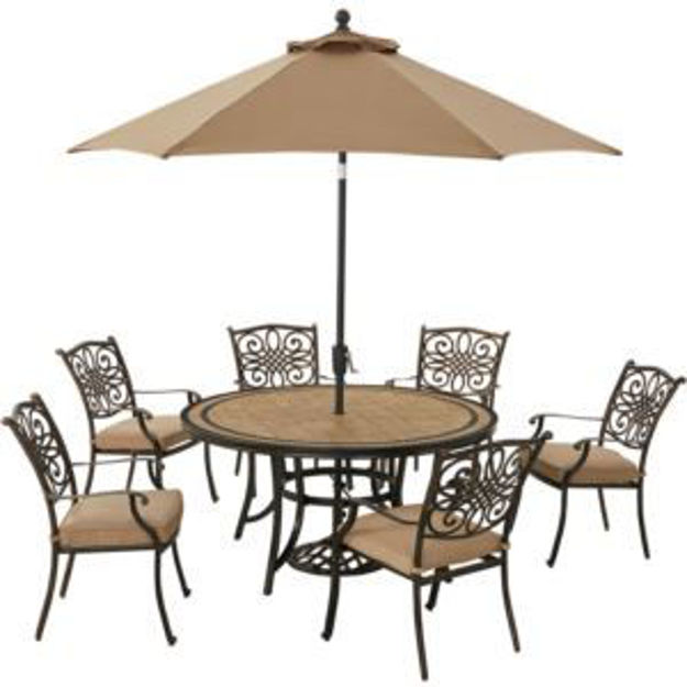 Picture of Monaco 7-Piece Dining Set in Tan with Six Dining Chairs, 60-in. Tile-Top Table and 9-Ft. Umbrella