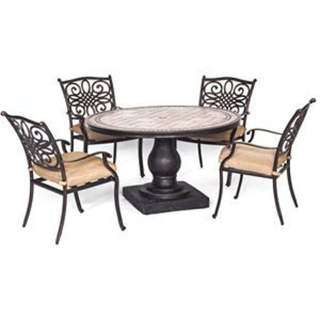 Picture of Monaco 5-Piece Patio Dining Set in Tan with 4 Cushioned Dining Chairs and a 51-In. Tile-Top Table