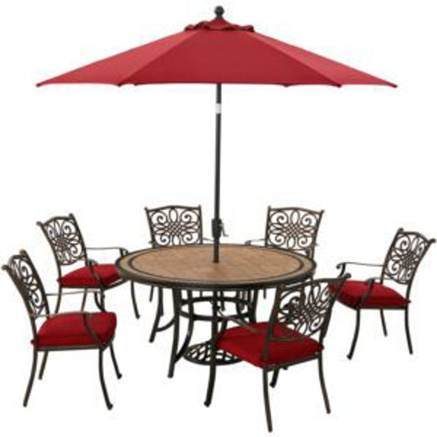 Picture of Monaco 7-Piece Dining Set in Red with Six Dining Chairs, 60-in. Tile-Top Table and 9-Ft. Umbrella