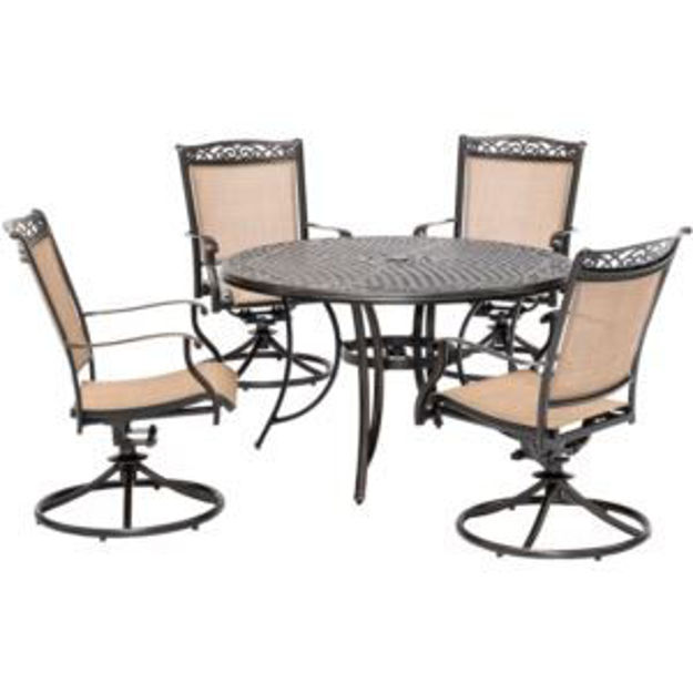 Picture of Fontana 5-Piece Outdoor Dining Set with 4 Sling Swivel Rockers and a 48-In. Cast-Top Table