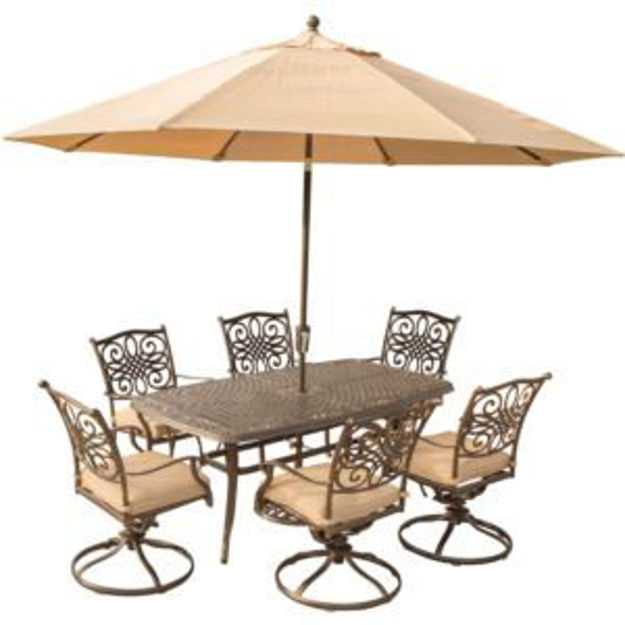 Picture of Traditions 7-Piece Dining Set in Tan with 72 x 38 in. Dining Table, 9 Ft. Table Umbrella, and Umbrel