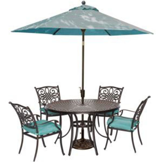 Picture of Traditions 5-Piece Dining Set in Blue with Table Umbrella and Stand