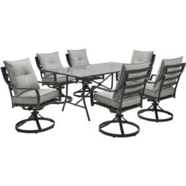 Picture of Lavallette 7-Piece Dining Set in Silver Linings with 6 Swivel Rockers and a 66" x 38" Glass-Top Tabl