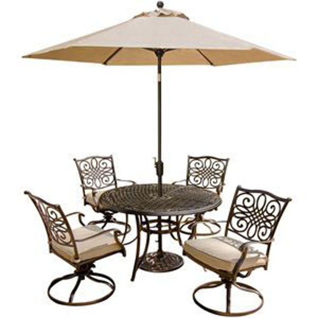 Picture of Traditions 5 Pc. Dining Set of 4 Aluminum Cast Swivel Chairs, 48 in. Round Table, and a Table Umbrel