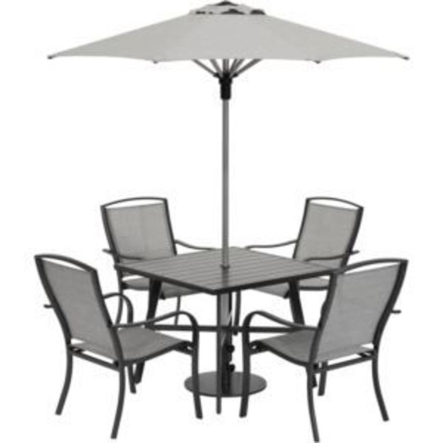 Picture of Foxhill 5-Piece Commercial-Grade Patio Dining Set with 4 Sling Dining Chairs, 38-in. Square Slat-Top