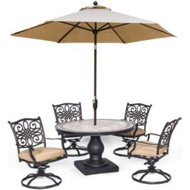 Picture of Monaco 5-Piece Dining Set in Tan with 4 Cushioned Swivel Rockers, a 51 In. Tile-Top Table, and a 9 F