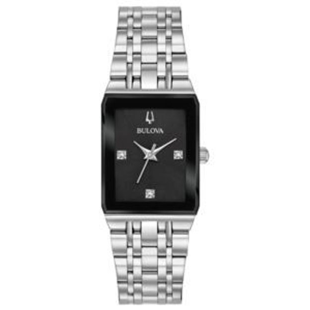 Picture of Ladies' Quadra Modern Silver-Tone Stainless Rectangle Watch Black Dial