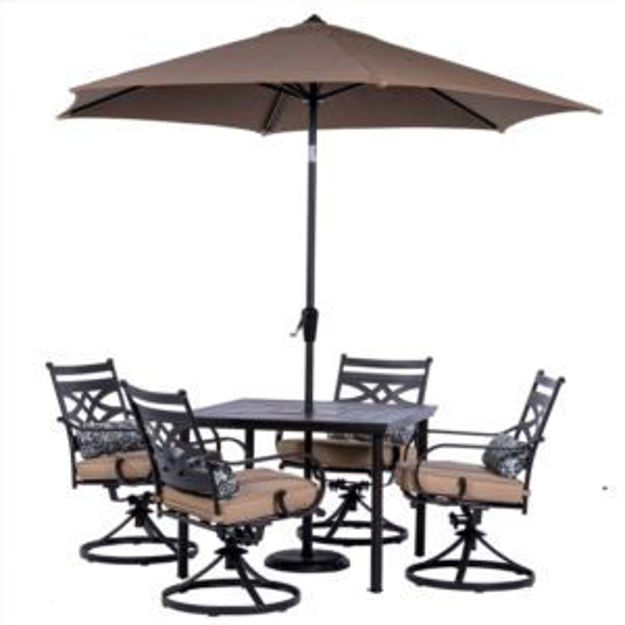 Picture of Montclair 5-Piece Patio Dining Set in Tan with 4 Swivel Rockers, 40-Inch Square Table, and 9-Ft. Umb