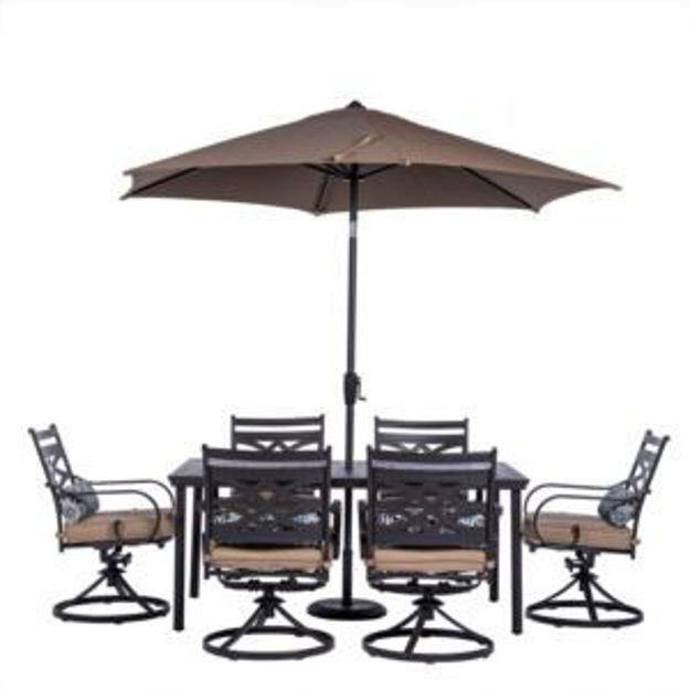 Picture of Montclair 7-Piece Dining Set in Tan with 6 Swivel Rockers, 40-In. x 66-In. Dining Table and 9-Ft. Um