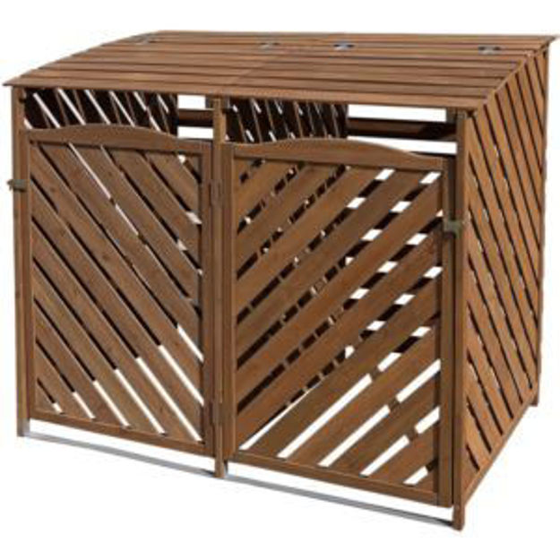 Picture of Wooden Trash and Recyclables Bin Storage Shed with Dual Front Doors and Hinged Top Lids in Brown