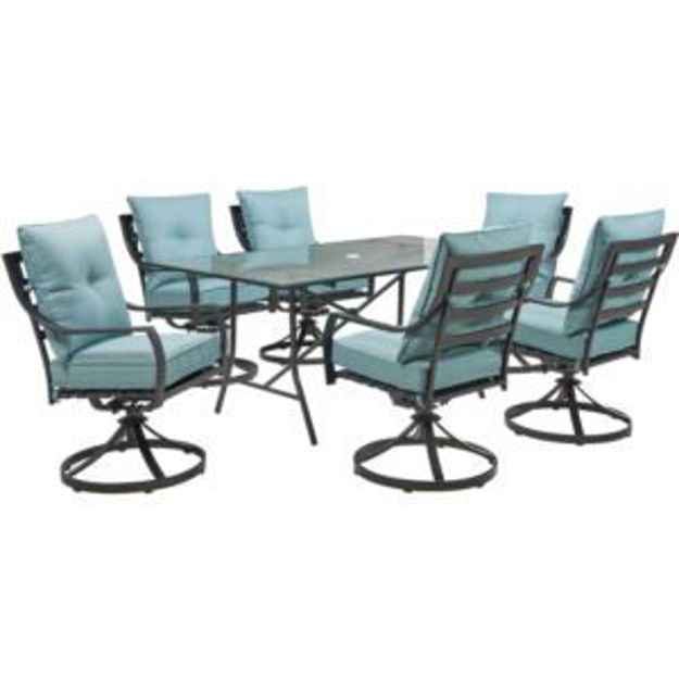 Picture of Lavallette 7-Piece Dining Set in Ocean Blue with 6 Swivel Rockers and a 66" x 38" Glass-Top Table