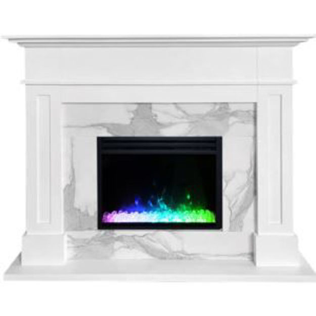 Picture of Sofia 53-in. Electric Fireplace Mantel in White with White Marble Inlay and Crystal Rock Display